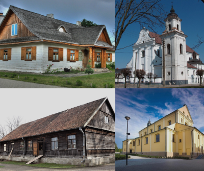 zdjęcie 4 zabytków - drewnianego domu parafialnego w Suchowoli, drewnianego budynku Izby Kultury w Dubiczach Cerkiewnych i dwóch kościołów murowanych w Drohiczynie