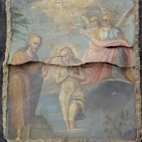 chorągiew prezentująca wizerunek Św. Jerzego oraz Chrzest Pana Jezusa